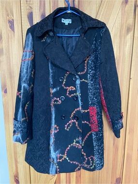 Papillon Blanc Black Multi-Accent Double-Breasted Pea Coat embroidered Gobelin